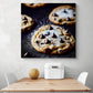 un grand tableau avec une photo de cookies est accroché sur le mur d'une cuisine en dessous une table et deux chaises blanches
