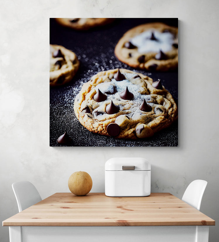 un grand tableau avec une photo de cookies est accroché sur le mur d'une cuisine en dessous une table et deux chaises blanches