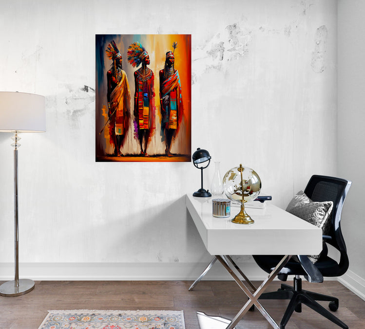 tableau décoration bureau , guerrières Masai africaines, couleurs chaudes 