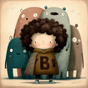 Canvas art of a child and their smiling monster group