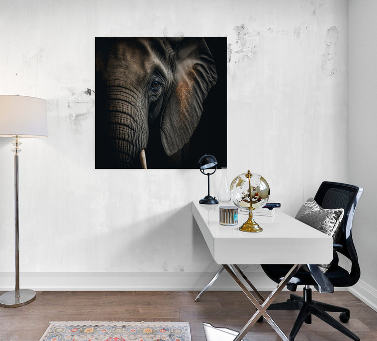 tableau visage elephant, portrait grand angle sur fond noir