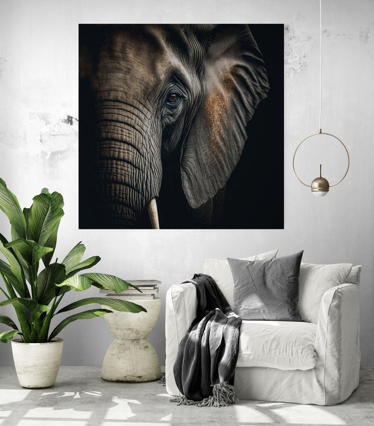 tableau decoration salon, gros plan d'un visage d'éléphant sur un fond noir brillant