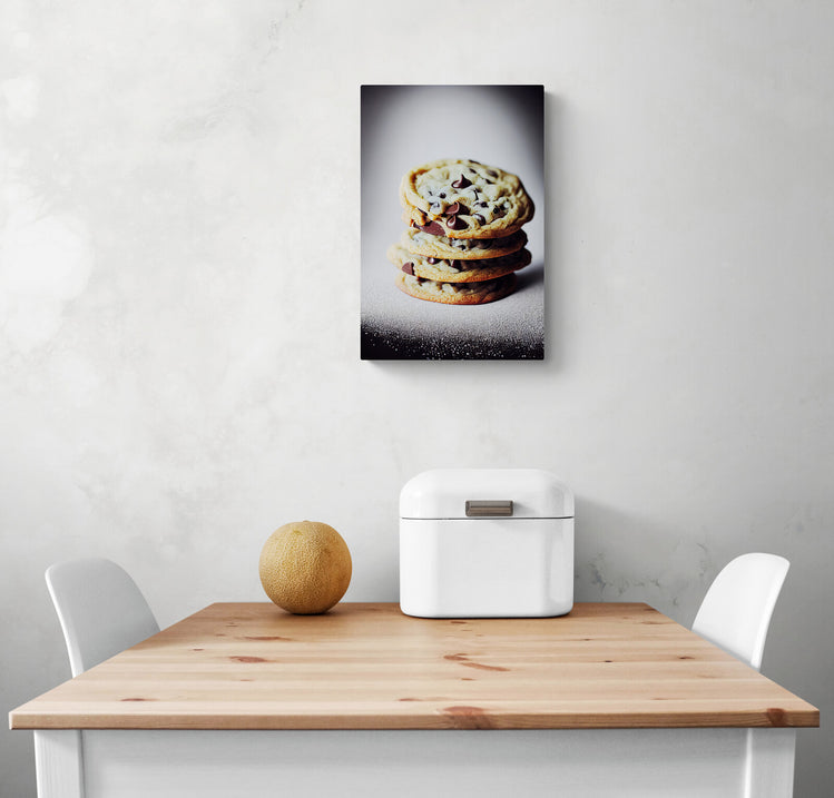 Un tableau en plexiglas design pour cuisine est accroché sur le mur blanc. C'est une photo culinaire avec un zoom sur quatre cookies aux pépites de chocolats posés l'un sur l'autre. En dessous du tableau cuisine est d'une table et deux chaises. Une boîte à pain en métal blanc et un melon sont sur la table