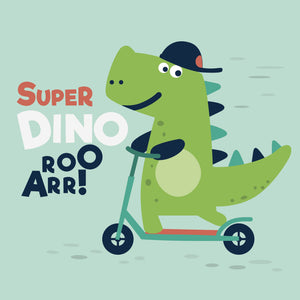 Art piece featuring a dinosaur riding a scooter