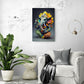 tableau colore pour salon qui représente un origami du dieu Ganesh est accroché dans une pièce au-dessus d'un fauteuil blanc