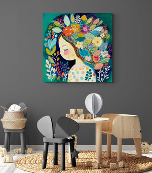 children's room art with girl and flowers illustration
