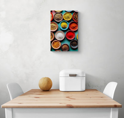 Un cadre photo d'herbes culinaire et d'épices jaunes, oranges et rouge est accroche sur un mur de cuisine. Deux chaises blanches sont positionnées sous l'image, et une table de cuisine en bois est positionnée au centre. Une corbeille à pain en métal blanc et un fruit sont placés au-dessus de la table.