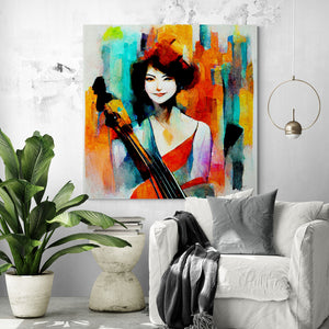 A painting of a cellist woman hung in a living room