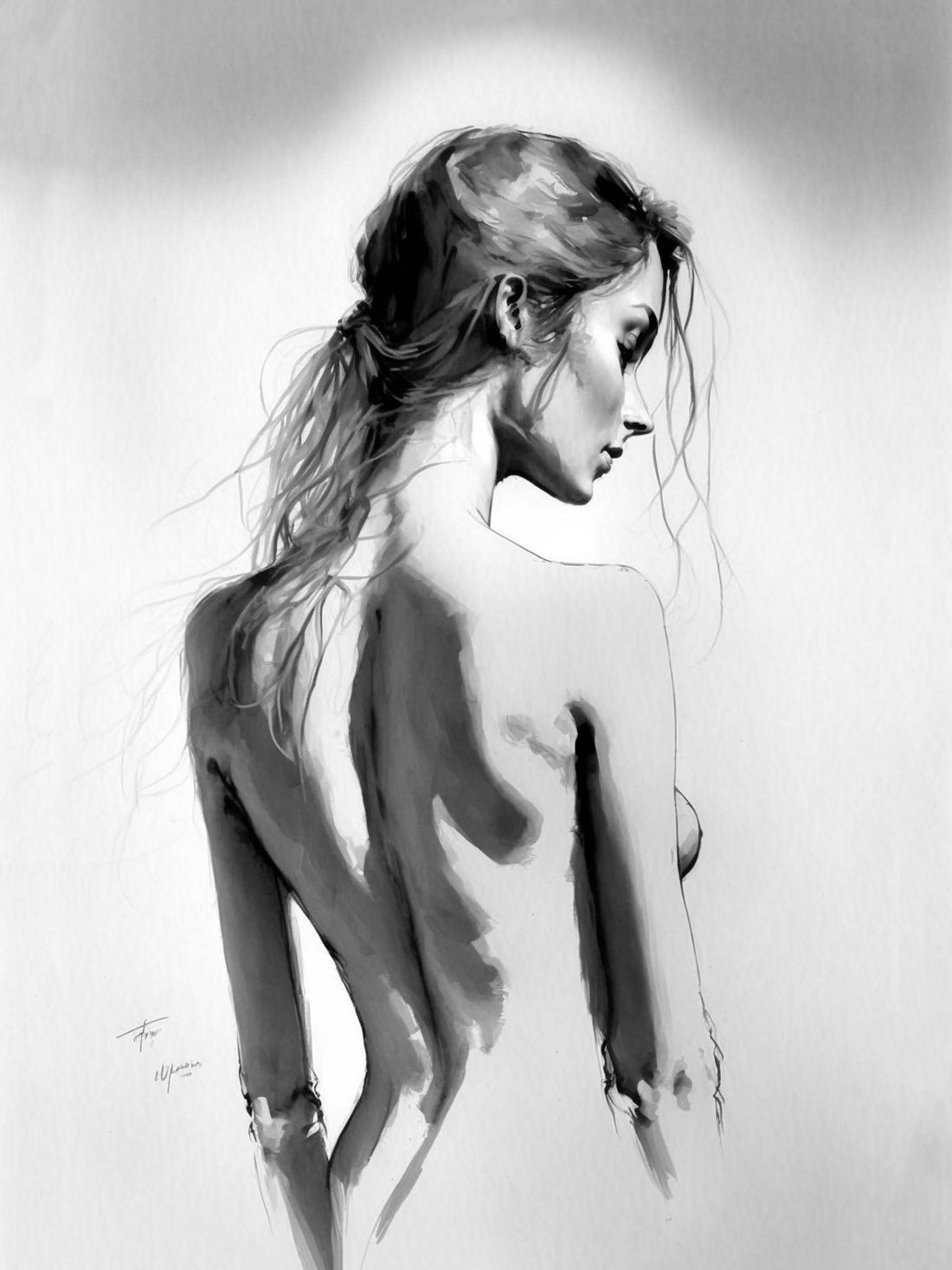 Large Wall Art – Female Nude Pencil Drawing, Woman from Behind