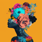 tableau avec collage surréaliste vibrant et contraste élevé avec des fleurs : une belle femme ne
