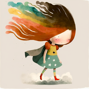 Minimalist art, young superhero girl with rainbow hair landing