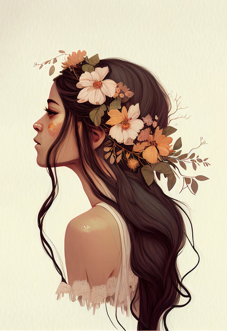 Tableau d’une jeune fille avec fleurs dans les cheveux, couleurs pastelles