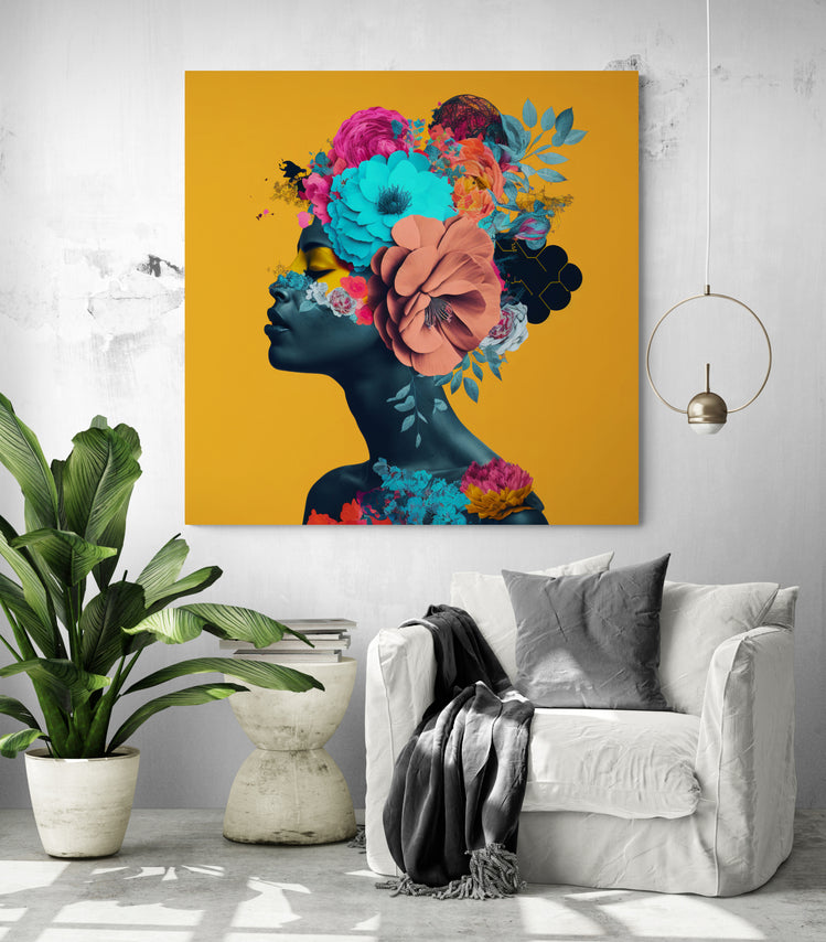tableau moderne pour salon avec femme fleur