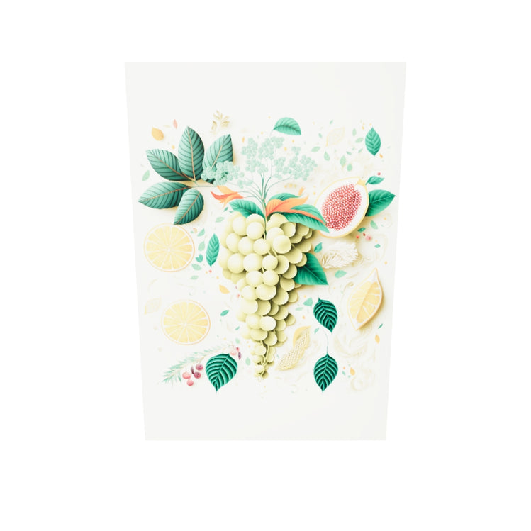 Un tableau plexiglas qui tourne sur lui-même; sur la face avant une grappe de raisin vert entouré de pétales de fleurs et de tranche d'orange.