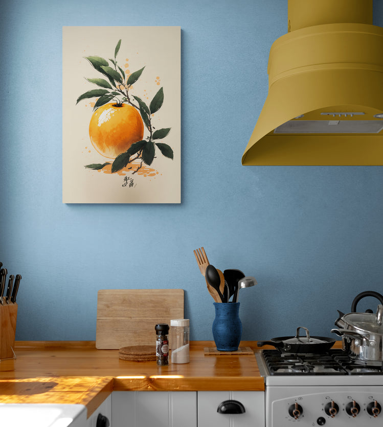 Orange et feuilles : tableau fruité élégant