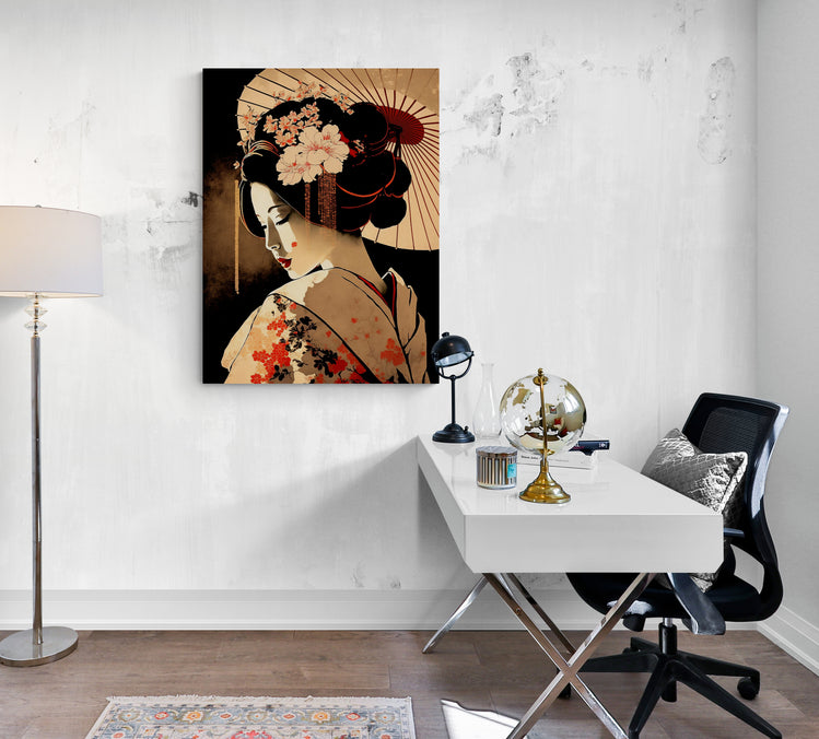 toile pour bureau, geisha, art japonais rétro, orchidée