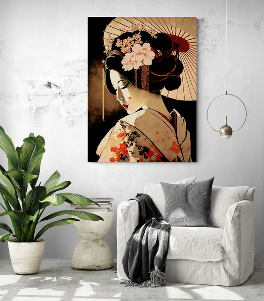 tableau pour salon rétro, japonais, geisha, orchidée.