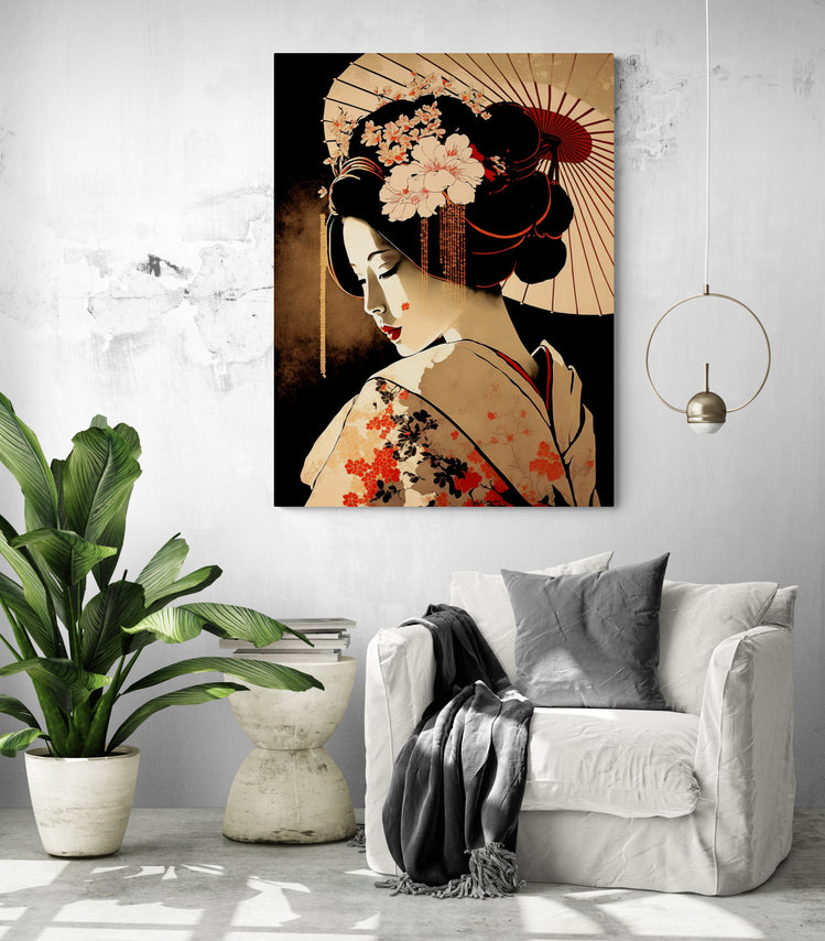 tableau pour salon rétro, japonais, geisha, orchidée.