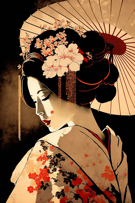 tableau art japonais, geisha, orchidée, rétro