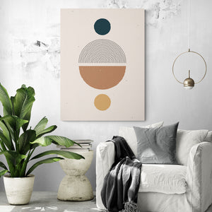 a Scandinavian pastel-colored geometric art with clean lines hanging in a minimalist white living room