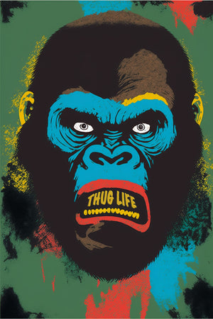 Gorilla Thug life street art canvas, painted in primary colors