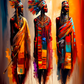 toile multicolore guerrières africaines Masai, couleurs chaudes et lumineuses
