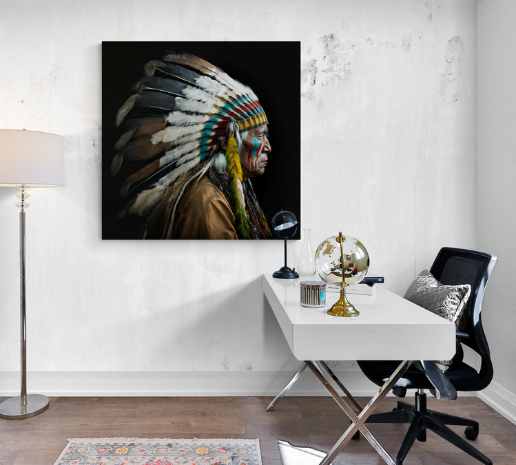 Tableau Indien d'Amérique, portrait amérindien, chef de tribu 