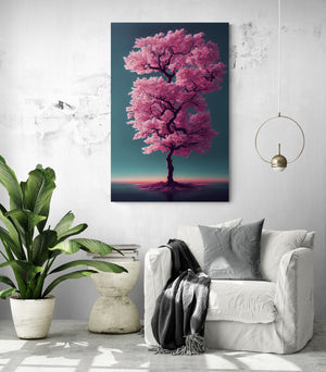 a stunning canvas of a pink Japanese cherry tree adorning a white minimalist living room wall