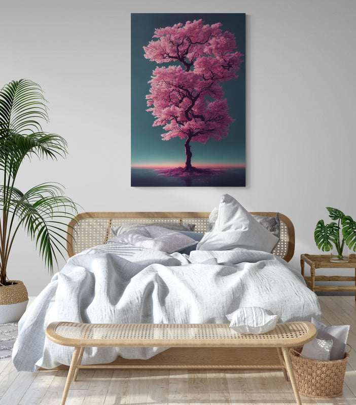  Au-dessus du lit dans une chambre au ton naturelle et doux un tableau cerisier japonais est accroché au mur 