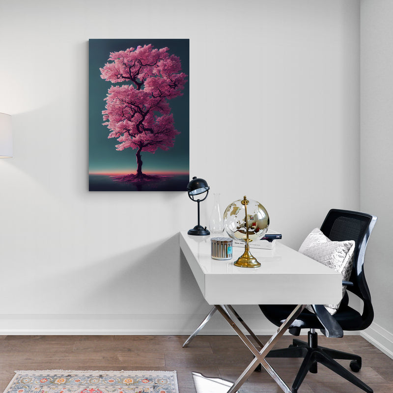  Au-dessus du lit dans une chambre au ton naturelle et doux un tableau cerisier japonais est accroché au mur 