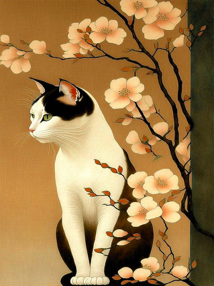Tableau traditionnelle japonais le chat, Sakura, camaïeu de couleurs chaudes