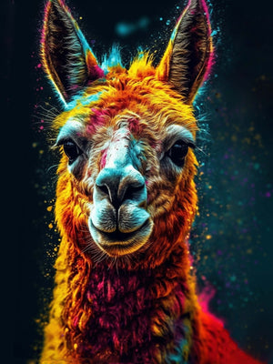 Charming Llama Portrait, burst of colors, decorative piece.