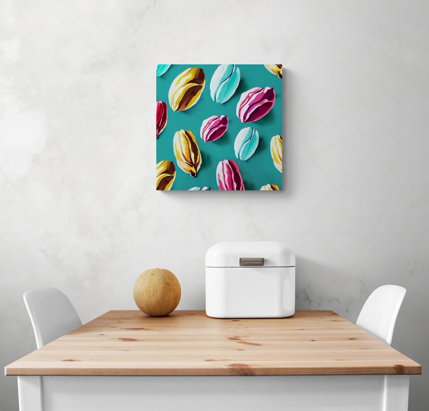 Canvas de plusieurs cacaos colorés, dans les tons bleu ciel, rose et jaune. Style Nathalie Lété. Habiller de papier conqueror, le fond est ajoute une touche de sophistication à cette œuvre.