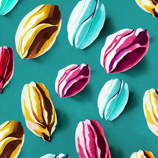 Tableau de plusieurs cacaos colorés peinte, dans les tons bleu ciel, rose et jaune. Style Nathalie Lété. Le fond est en papier conqueror ajoute une touche de sophistication à cette œuvre.
