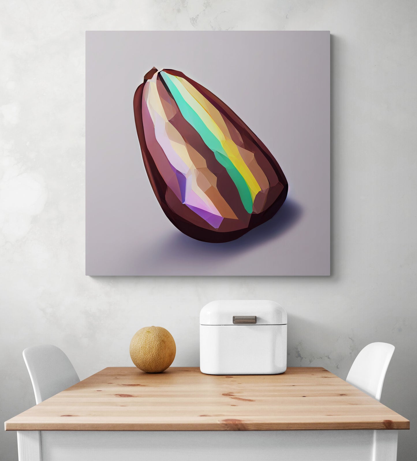 Grand tableaux modernes, dans une cuisine, d'une fève de cacao fusionnée avec un diamant dans un style minimaliste et low-poly, avec des couleurs brillantes, celle de l'arc-en-ciel, qui donne une touche de gaieté, de fraîcheur et de design