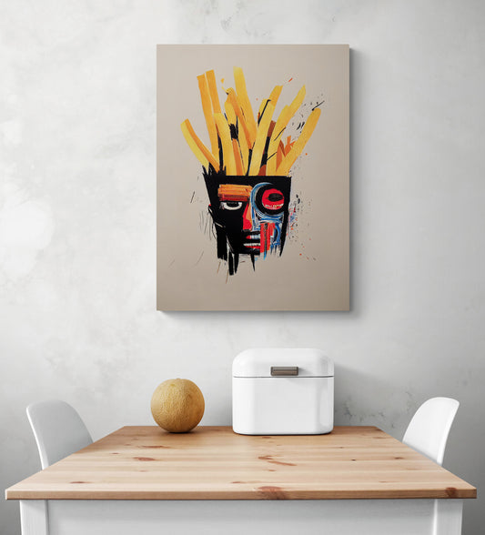 Inspiré de Basquiat, grande toile déco qui représente le visage d'un afro-américain avec des cheveux en frite. Minimalistes et colorées, ses couleurs sont vives et profondes. Les couleurs principales sont le jaune, le rouge, le noir et le beige.