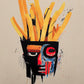 Inspiré de Basquiat, tableau de décoration qui représente le visage d'un afro-américain avec des cheveux en frite. Minimalistes et colorées, ses couleurs sont vives et profondes. Les couleurs principales sont le jaune, le rouge, le noir et le beige.