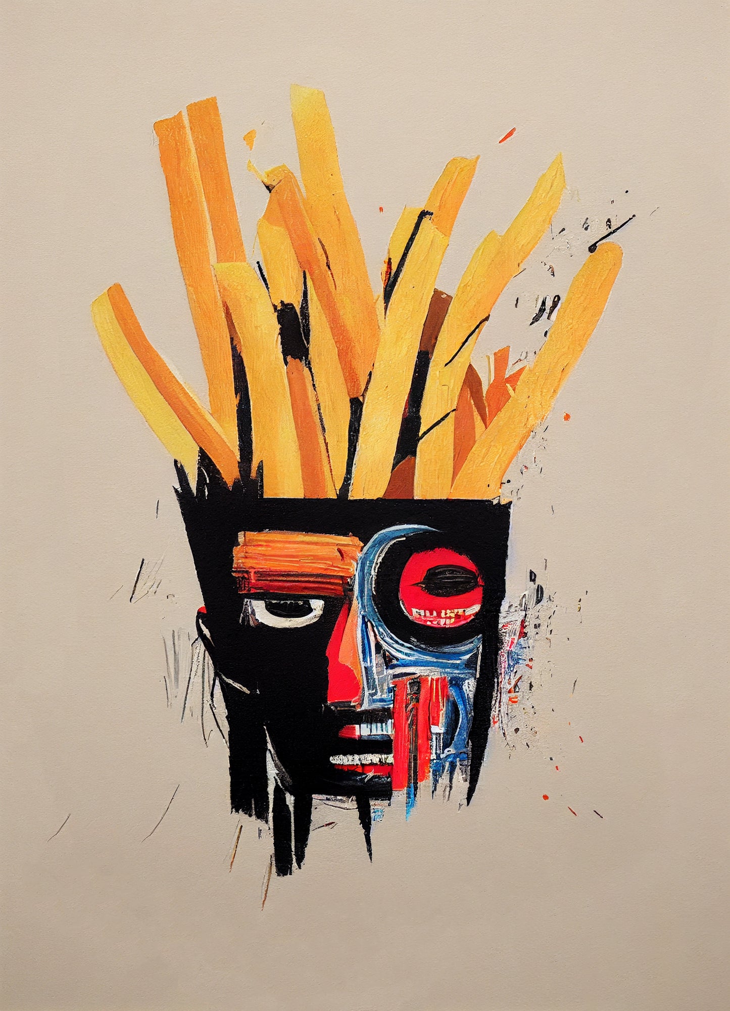 Inspiré de Basquiat, tableau de décoration qui représente le visage d'un afro-américain avec des cheveux en frite. Minimalistes et colorées, ses couleurs sont vives et profondes. Les couleurs principales sont le jaune, le rouge, le noir et le beige.