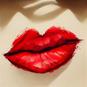 Red lip painting. A voluptuous female mouth wearing red lipstick. The shadow over the full lips adds drama and mystery, creating visual tension with the rest of the artwork. These elements combine to form a powerful and suggestive aesthetic, attracting the gaze and inviting interpretation.