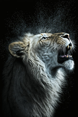 Photo of white lion roaring on canvas