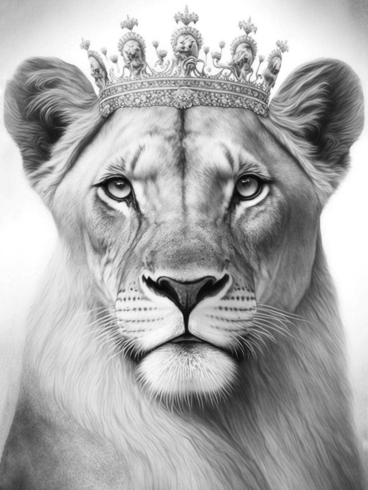 tableau avec une lionne qui porte une couronne en noir et blanc