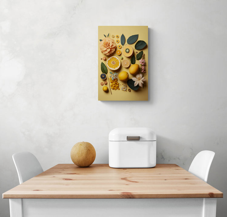 tableau pour cuisine décore un mur de blanc. Ce tableau cuisine est placé au-dessus d'une table en bois blanc et deux chaises sont de chaque côté. Une boîte à pain en métal blanc et un melon sont sur la table