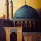 Tableau de déco, la mosquée Al-Aqsa qui s'éveille au lever du soleil. Le grand dôme bleu turquoise s'illumine, tandis que les minarets s'élèvent fièrement vers le ciel. Les couleurs chaudes du marron et du bleu se marient à merveille, tandis que les inscriptions arabes apportent spiritualité