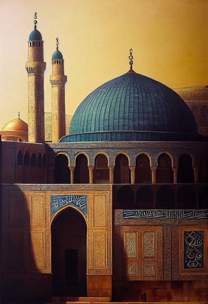 Decor art canvas, Al-Aqsa Mosque at sunrise. The turquoise dome shines, while minarets reach skyward. Warm brown and blue colors blend beautifully, spiritual Arabic inscriptions accentuate.