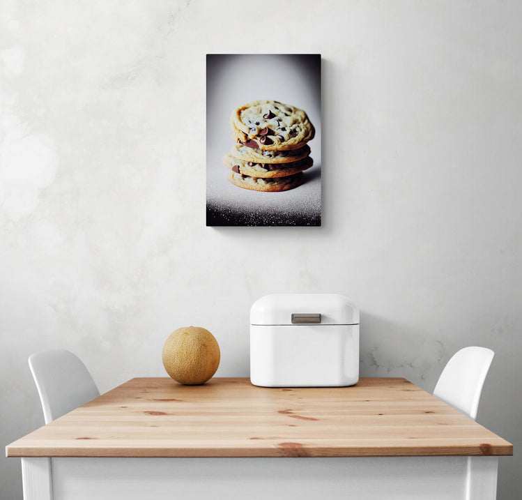  Une toile cuisine décore un mur de cuisine blanc. Ce tableau cuisine est placé au-dessus d'une table en bois blanc et deux chaises sont de chaque côté. Une boîte à pain en métal blanc et un melon sont sur la table