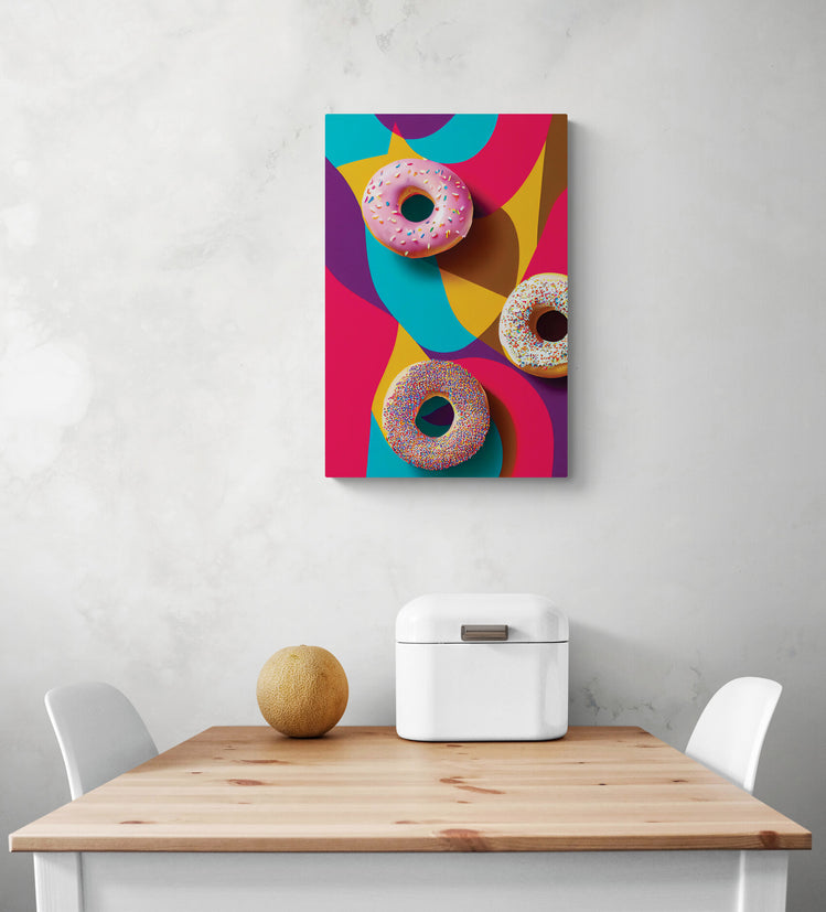 Un tableau décoration cuisine coloré avec trois donuts est accroché sur le mur blanc. Ce tableau cuisine est placé au-dessus d'une table en bois et deux chaises sont de chaque côté. Une boîte à pain en métal blanc et un melon sont sur la table
