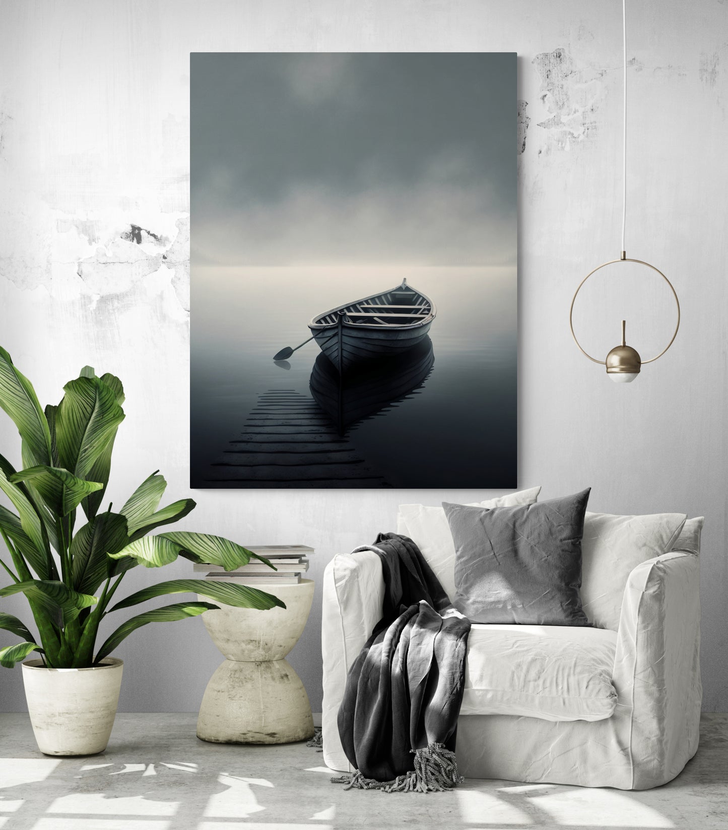 deco mural tableau paysage zen, minimaliste, barque sur l'eau