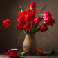 Un tableau de fleur de rouge dans un vase marron sur un fond marron 