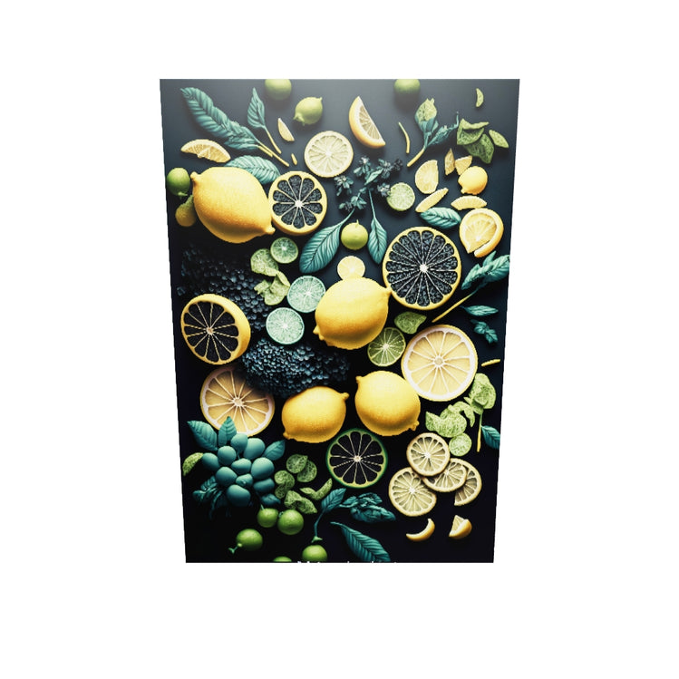 Un tableau photo plexiglas en 3D, il tourne sur lui-même. Une photo culinaire vue du haut avec des citrons entiers et des tranches de citron vert et jaune sur un fond noir. Le contraste et intense et artistique. 