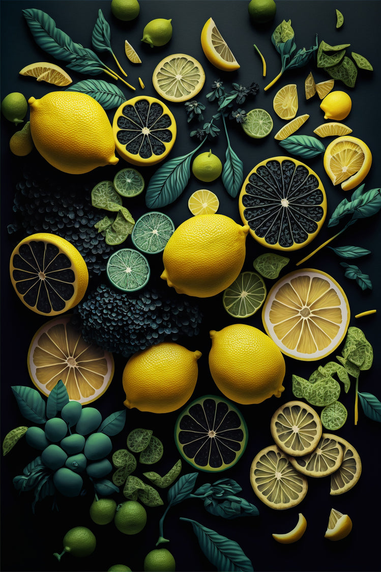 Une photo culinaire vue du haut avec des citrons entiers, des tranches de citron vert et jaune et des feuille  sur un fond noir. Le contraste et intense et artistique. 